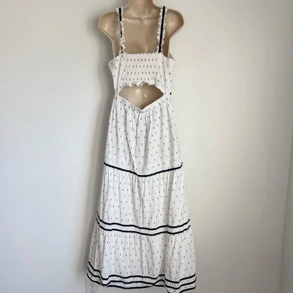 NWT $99 White and Navy Women's Flowy Maxi Dress Ruffles Boho Cut Out Size Large - Picture 3 of 7